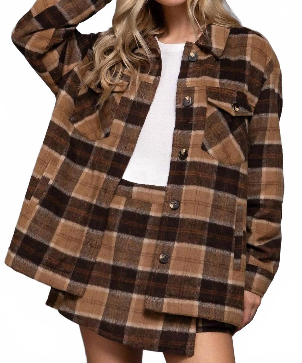 NEW 42POPS faux fur brushed plaid jacket in khaki/brown
